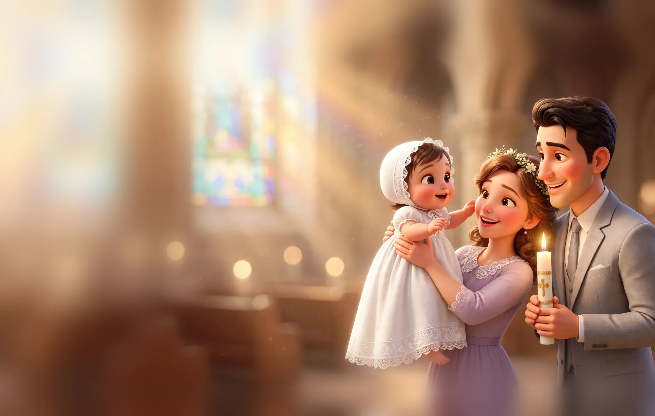 Dans une église baignée de lumière, la marraine soulève le bébé en robe de baptême, le parrain tient le cierge allumé, la famille sourit