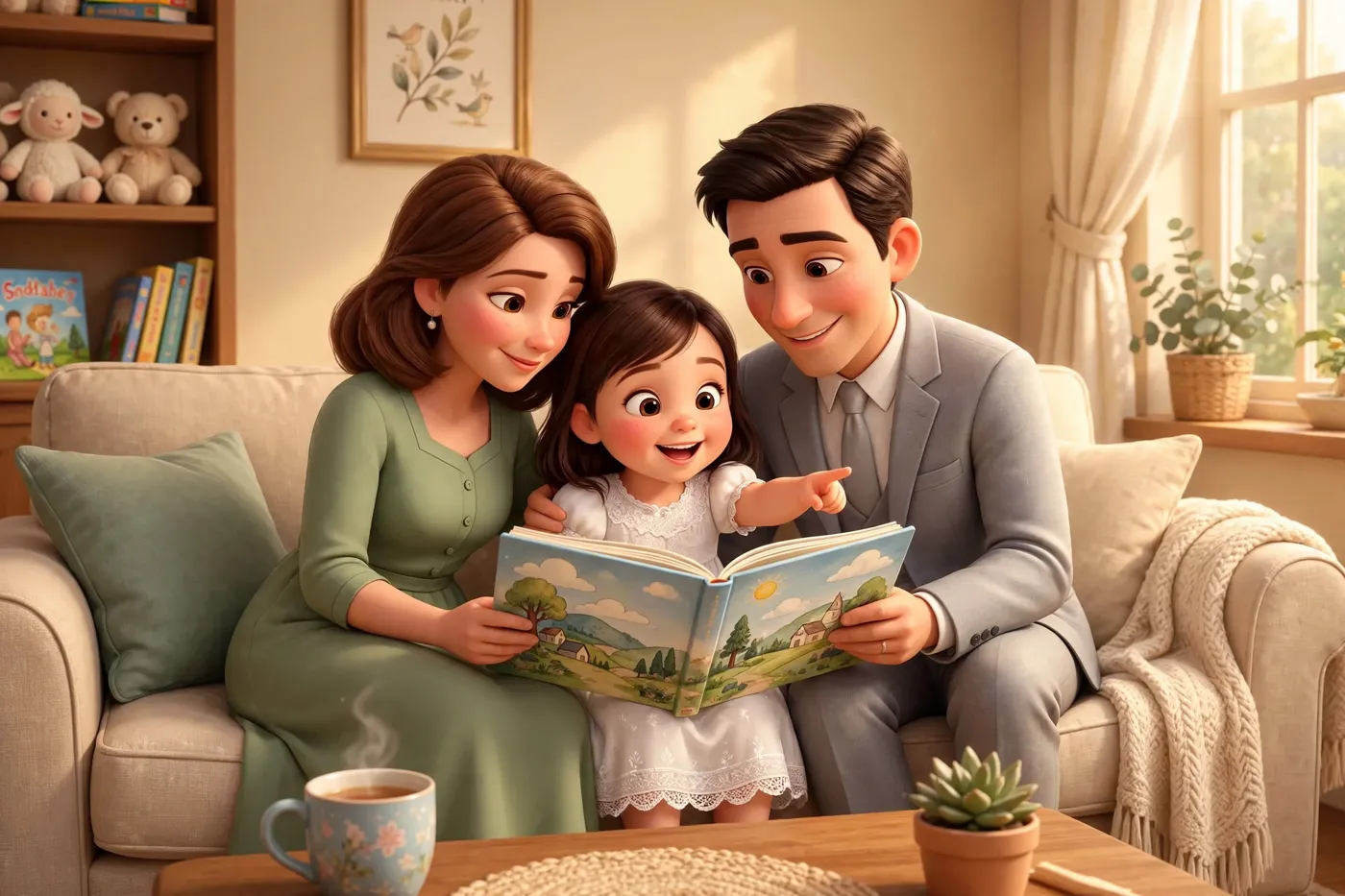 Un parrain et une marraine lisent le livre avec leur filleule sur le canapé