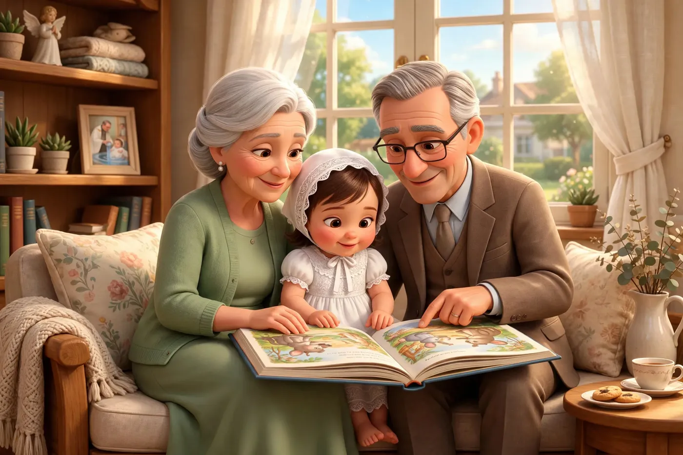 Des grands-parents lisent le livre à leur petite-fille, assise sur les genoux de sa grand-mère